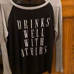 Size small drinks well with others baseball tee